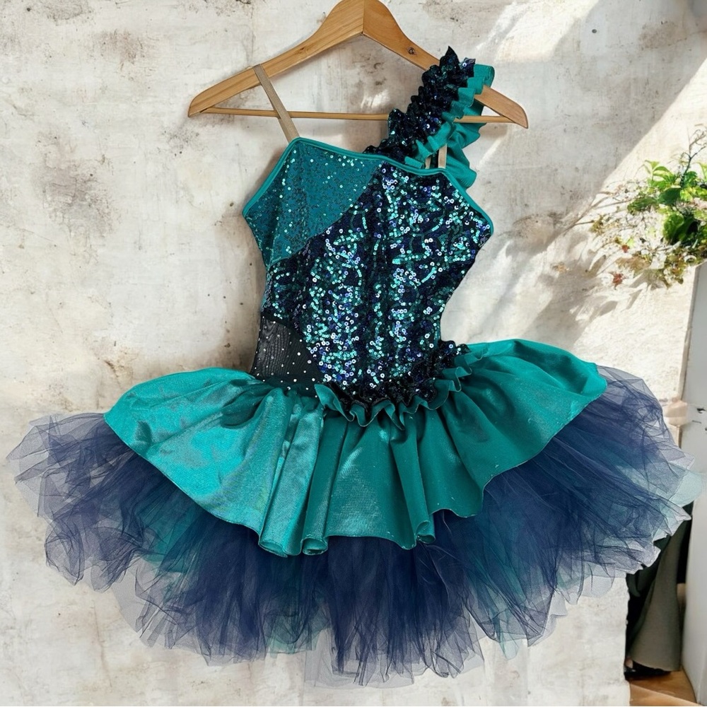 Cicci Sequin Mesh Insert Rhinestone Ruffle Masquerade Tutu Dance Costume Teal M